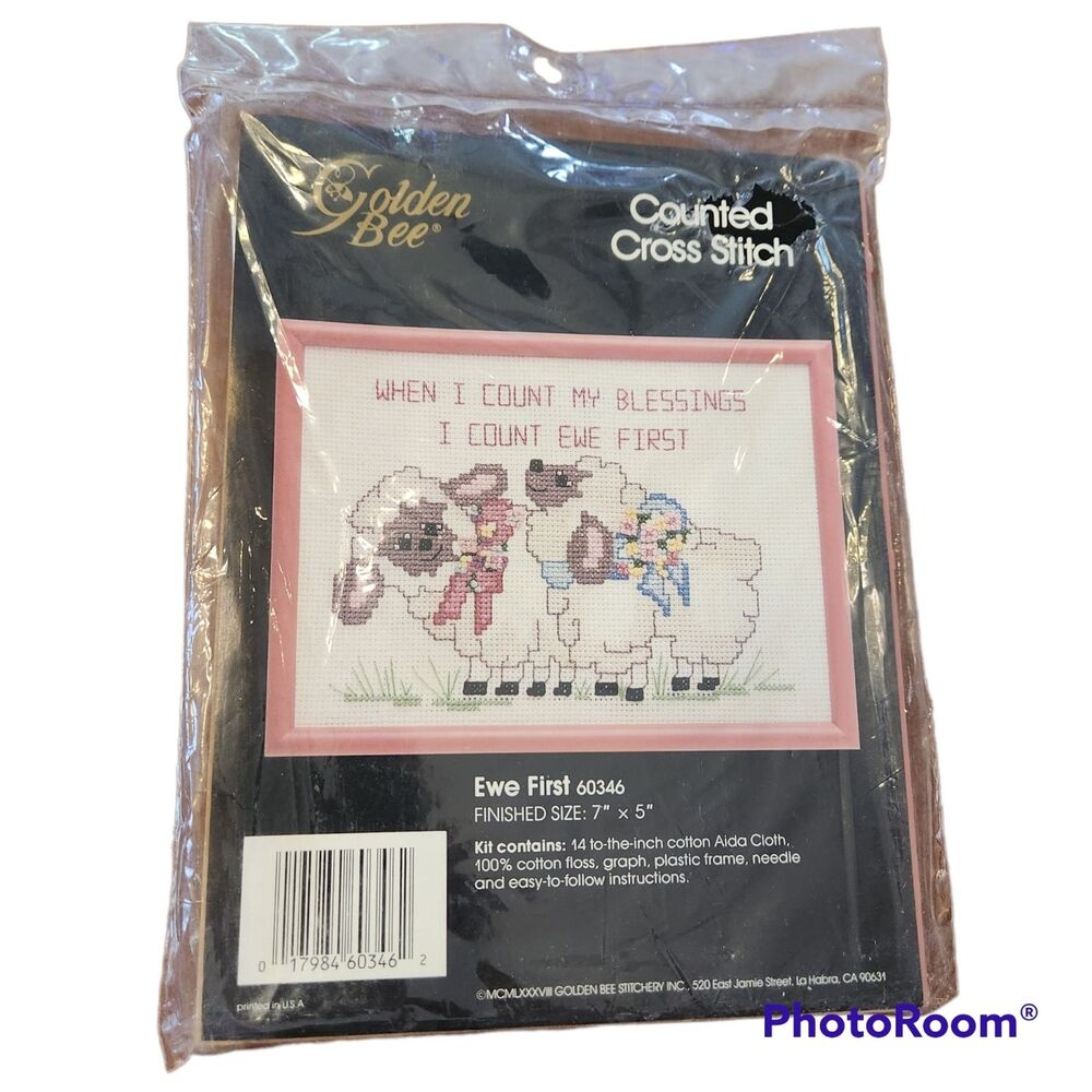 Golden Bee Vintage 1988 "Ewe First” Counted Cross Stitch Kit w/ Frame 7” x 5”